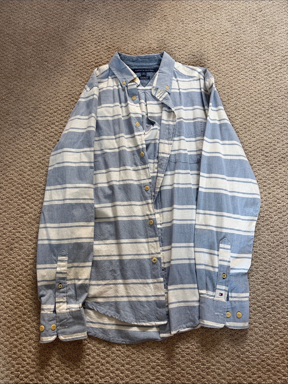 Tommy Hilfiger Light Blue and White Striped Button-Down Shirt